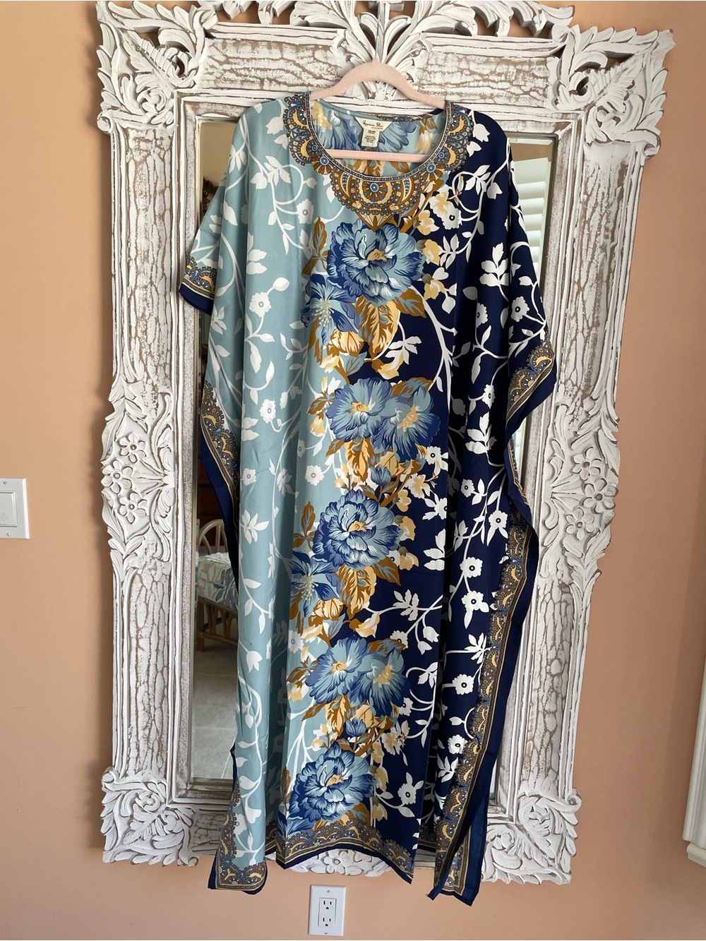 Bohemian Floral Poly Maxi Caftan Dress in Navy & Light Blue Lounge Beach. 1X-4X